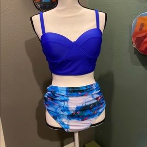 Royal Blue Bikini Lined & Wired Top with adjustable straps & Marbled Bottoms